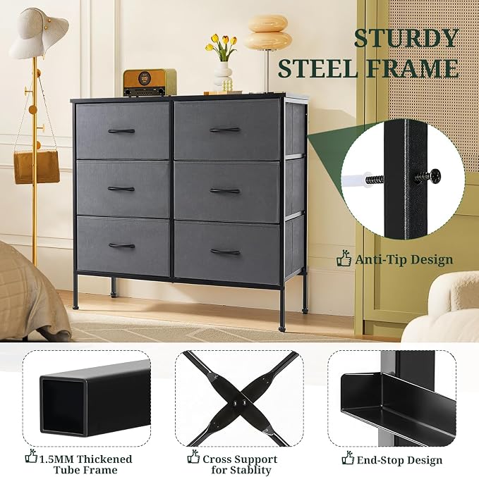6-Drawer Dresser for Bedroom, Anti-Tip Wide Storage Organizer | Chest of Drawers with Wooden Top and Metal Frame Fabric Bins for Closet, Living Room, Hallway, Entryway, Gray