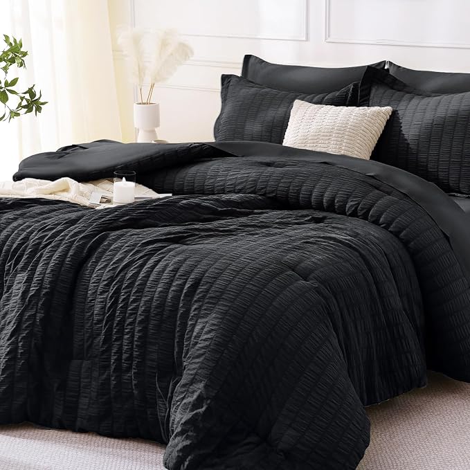 7 Pieces Queen Comforter Set, Seersucker Bed in a Bag Queen Size, All Season Luxury Bedding Set with Comforter, Flat Sheet, Fitted Sheet, Pillowcases & Shams, Black