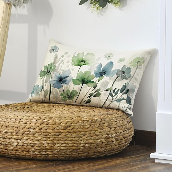 AVOIN colorlife Poppy Flowers Chinoiserie Throw Pillow Cover 12x20 Inch | Blue Sage Green Seasonal Leaves Cushion Case Decoration for Sofa Couch Farmhouse