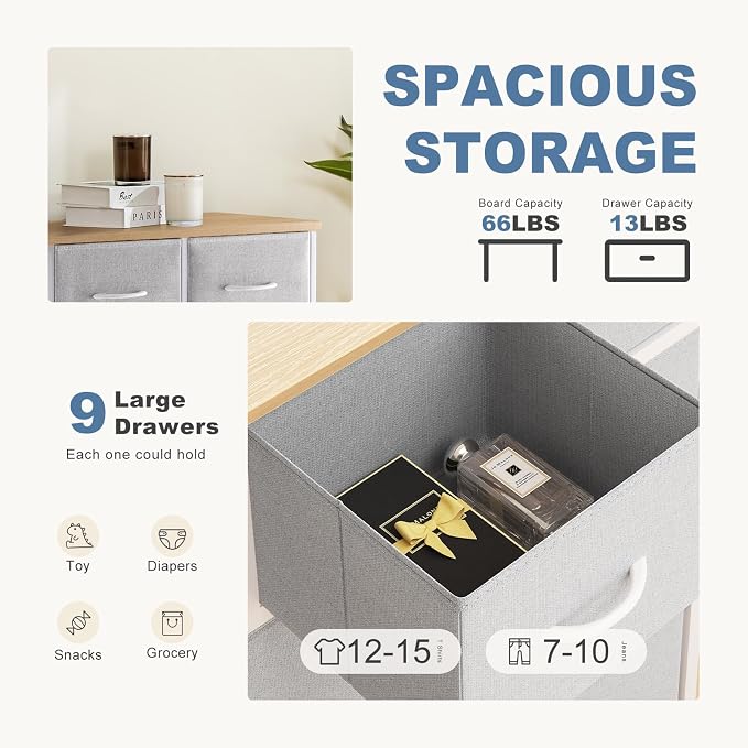 DUMOS 9 Drawer Dresser for Bedroom, Storage Organizer Chest of Drawers | Fabric Bins Storage Tower with Sturdy Metal Frame, Wood Tabletop for Closet, Light Grey