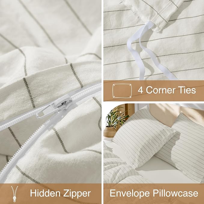 SONORO KATE 100% French Linen Queen Duvet Cover Set,Zipper Closure,3PC | Natural French Flax,Soft Breathable for Hot Sleepers,Moisture Wicking & Durable,4 Corner Ties,White & Dark Grey Stripes