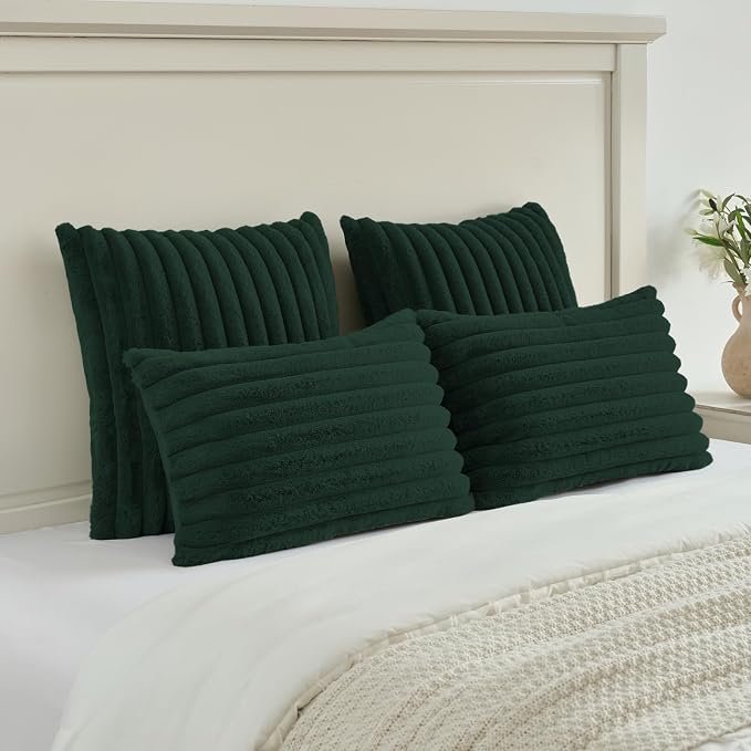 FUTEI Pack of 2 Faux Fur Throw Pillow Covers 20x20 Inch, Dark Green | Fluffy Faux Rabbit Fur Front/Premium Velvet Back,Hidden Zipper,Machine Washable,Non-Shedding,Colorfast,Insert Not Included.