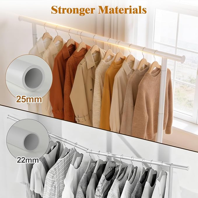 Sturdy Clothing Racks with Shelf, Metal Clothes Rack with Leveling Feet for Hanging Clothes, Freestanding Garment Coat Rack for Bedroom, Apartment & Small Spaces, White