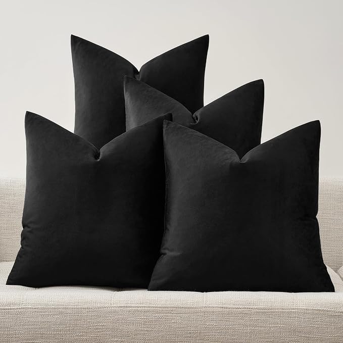 GIGIZAZA Pack of 4 Black Decorative Velvet Pillow Covers 18x18 | Throw Pillows for Couch Sofa,280gsm Soft Textured Fabric,Modern Accent Pillowcases,Luxury Living Room Cushion Covers