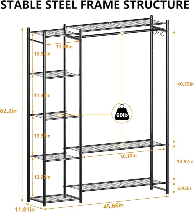 HOMIDEC Wardrobe Closet,Portable Clothes Rack with 4 Tiers Shelves | Freestanding Closet Organizers and Storage System with Hanging Rod,Steel Clothing Rack Suitable for Cloakrooms,Bedrooms.Black