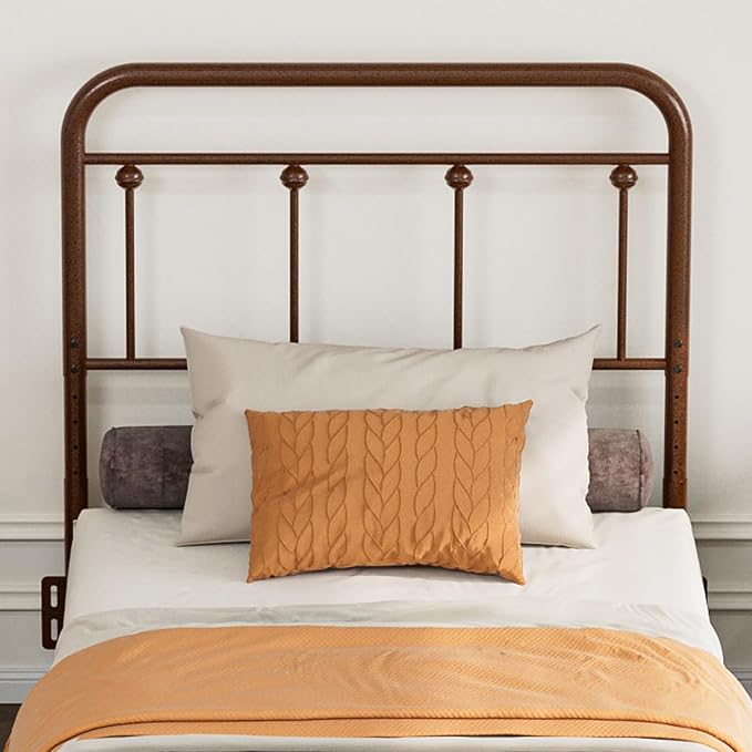 Victorian Metal Twin/Twin XL Headboard, Adjustable Height, Brown | Sturdy Steel Twin Size Head Board Only, Bed Frame Brackets Adapter, Farmhouse Vintage Style, Easy Assembly