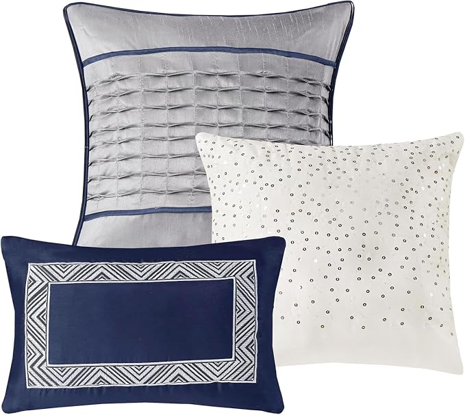 Madison Park Lustrous Jacquard Lightweight Navy Queen Quilt Set, 6pc | All Season Bedding Set, Glitter Accent Coverlet Set, Machine Washable, Cozy, Breathable, Soft, Modern, Casual
