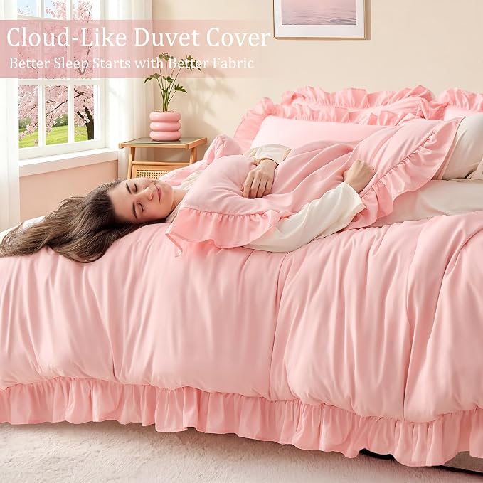 FUANNA Pink Duvet Cover Queen Size 3 Pieces, Washed Microfiber | Ultra Soft 4-Inch Ruffle Duvet Cover Set with Corner Ties & 2 Pillow Shams, Vintage Bed Set for Women & Girls, No Comforter