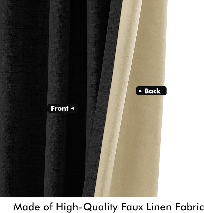MIULEE 100% Blackout Linen Curtains for Bedroom 42 x 72 Inch Black 2 Panels | Thermal Insulated, Room Darkening Drapes for Living Room, Back Tab Rod Pocket Pinch Pleated, Solid Luxury Decor