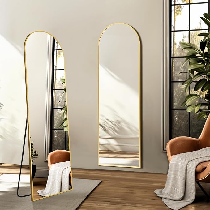Arched Full Length Mirror, 56"x15" Standing Body Mirror for Wall, Gold | Built-in Stand, HD Shatterproof Glass, Aluminum Alloy Frame, Hanging or Standing, for Bedroom, Living Room & Dressing Room