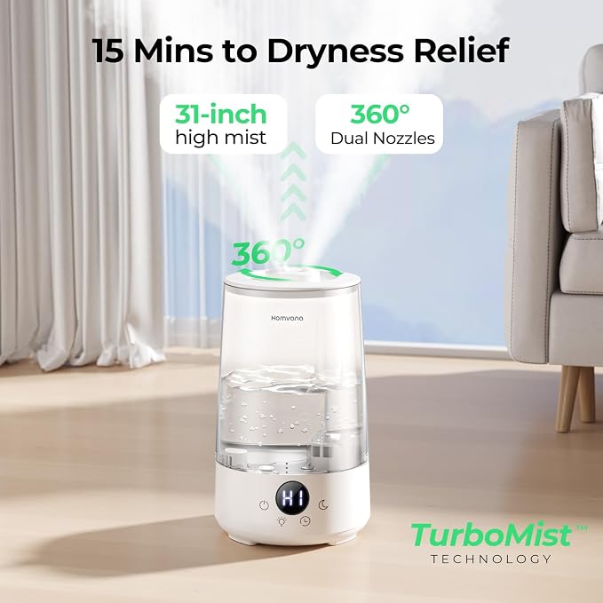 Homvana 3.6L Top-Fill Cool Mist Humidifiers for Bedroom, Large Room(Clear) | 23dB Quiet, Easy-to-Clean 2-in-1 Baby Humidifier & Oil Diffuser for Congestion Relief, Last for 4 Night (Transparent)