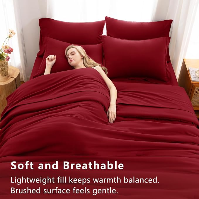 CozyLux King Size Comforter Set Dark Red, 7 Pieces Bed in a Bag | OEKO-TEX Certified, All-Season, Bedroom, 240GSM Down Alternative Comforter, Flat & Fitted Sheets, 2 Pillowcases & 2 Shams