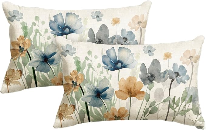 AVOIN colorlife Poppy Chinoiserie Flowers Pillow Covers 12x20 Inch Set of 2 | Light Brown Blue Seasonal Leaves Cushion Case Decoration for Sofa Couch Farmhouse