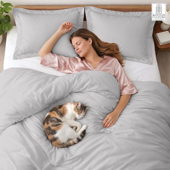 Kotton Culture 120"x98" 3 Pc Oversized King Duvet Cover Set 100% Egyptian Cotton - 600 Thread Count Comforter Cover, Zipper Closure & Corner Ties - Fits Large King Inserts (Oversized King,Silver)