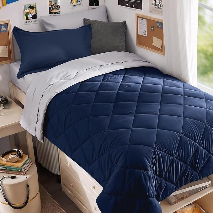 5 Pieces Twin XL Comforter Set, Reversible Bed in a Bag Twin XL Size, All Season Bedding Set with Comforter, Flat Sheet, Fitted Sheet, Pillowcases & Shams, Navy & Light Grey