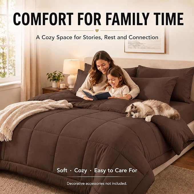 King Size Comforter Set Brown - 7 Pieces Bed in a Bag | OEKO-TEX Certified, All-Season, Bedroom, Guest Room, Down-Alternative Comforter + Flat & Fitted Sheets + 4 Pillowcases