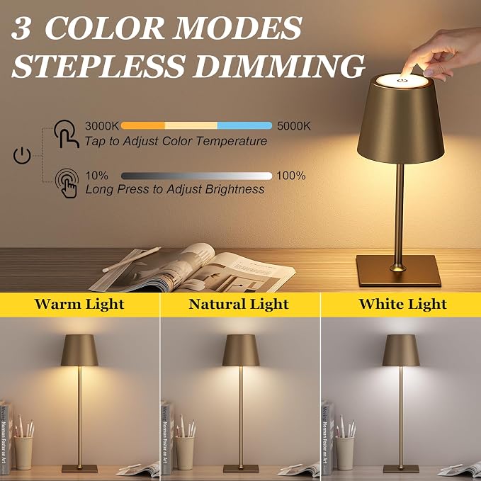 Kakanuo Brown Cordless Rechargeable Table Lamp 5000mAh Battery Operated Lamps, 3 Colors Stepless Dimming Touch Lamp for Living Room, Kitchen Counter, Dining, Outdoor Patio, 2 Pack