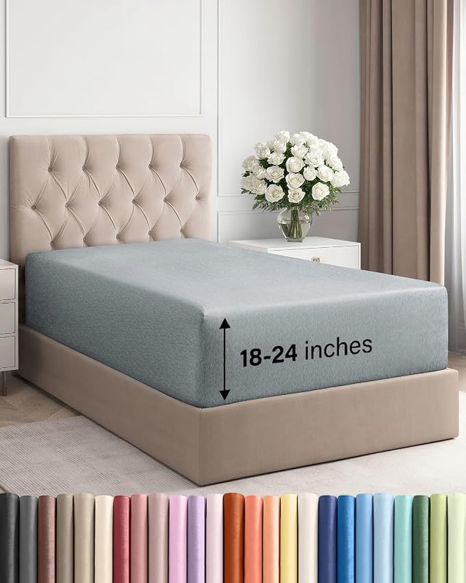 Extra Deep Twin Fitted Sheet - Single Fitted Sheet Only - Heathered Blue | Easily Fits 18 inch to 24 inch Mattress, Soft, Wrinkle Free, Breathable & Comfy, Extra Deep Pockets Hotel Luxury Fitted Sheet