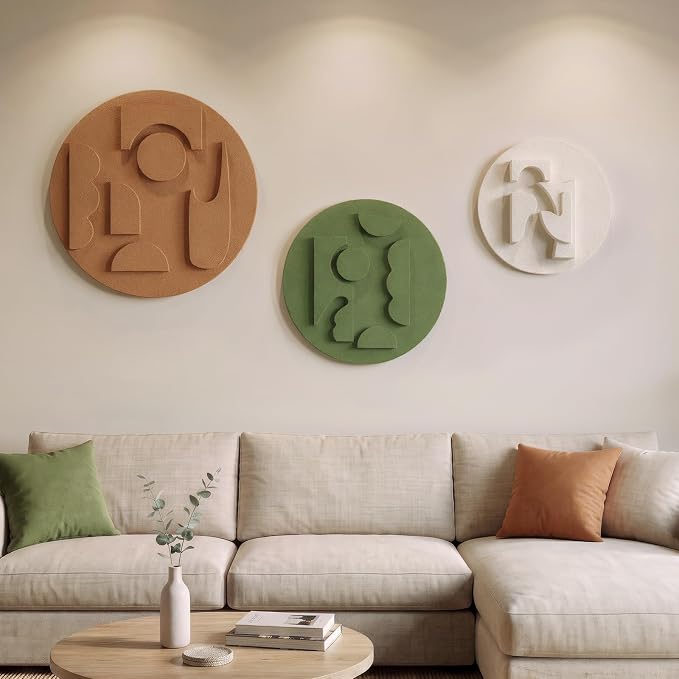 3D Textured Round Modern Abstract Boho Wall Art for Living Room, 3 Piece | Minimalist Bohemian Geometric Sculptures Artwork for Walls, White Terracotta Green Paintings, Bedroom Home Office Wall Decor