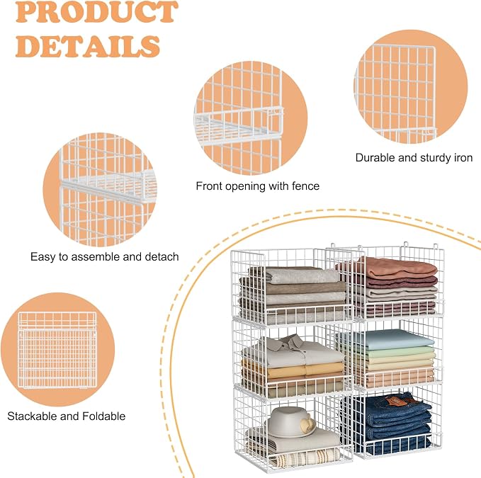 6-Tier Stackable Closet Organizers and Storage Baskets, Closet Shelf Organizer for Small Space, Space-Saving closet organizer system, Foldable Clothes Storage Bins for Closet Organizer System, White
