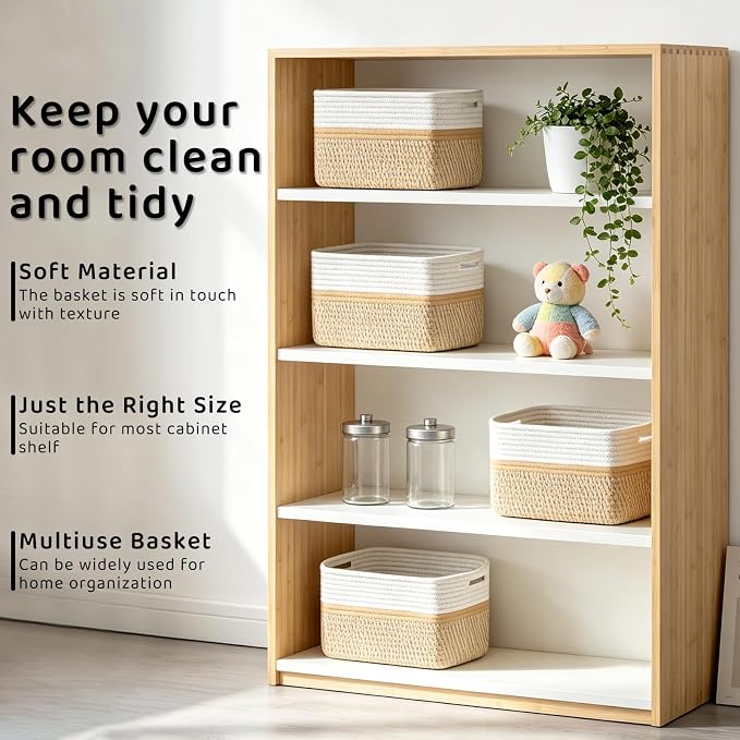 4 Pack Storage Baskets for Organizing, 11''Lx9''Wx8''H Woven Baskets for Storage Toys, Towels, Books, and Clothes, Cotton Rope Basket for Shelves with Handle