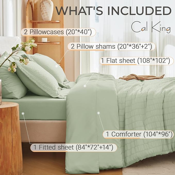 7 Pieces California King Comforter Set, Seersucker Bed in a Bag Cal King Size, All Season Luxury Bedding Set with Comforter, Flat Sheet, Fitted Sheet, Pillowcases & Shams, Light Green