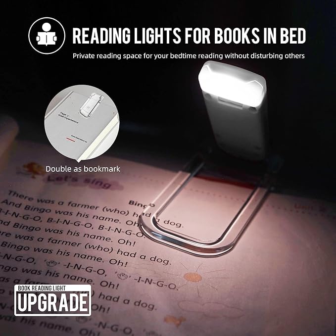 EGWASER Book Reading Light, Portable USB Rechargeable LED Clip on Book Lights for Reading in Bed, 3 Brightness Adjustable Dimmable Bookmark Light for Eye-Protection, Reading Lamp (White)