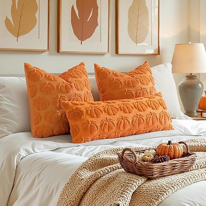 MIULEE Fall Pillow Covers Pumpkin Fall Decor 18x18 Orange | Set of 2 Fall Decorations for Home, Plush Faux Fur Farmhouse Accent Pillowcases, Porch Sofa Couch Cushion Bed Livingroom