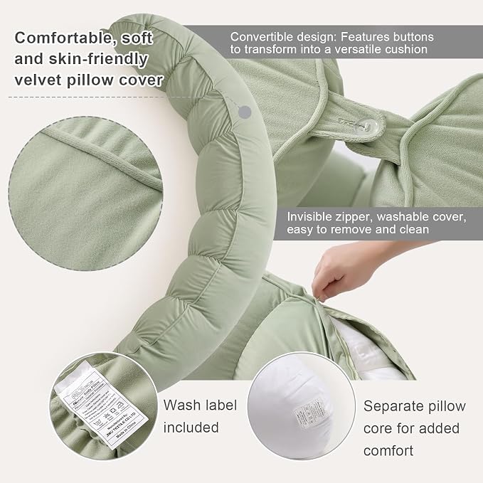 Peallow(Pat. Pend) – Long Round Body Pillow for Adults, Bolster Pillow for Sleeping, Soft and Supportive Pillow for Sleeping & Lumbar Support (Celadon Green,59")