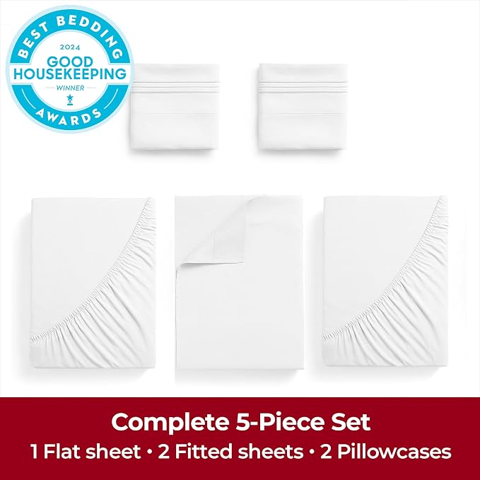 Mellanni Iconic 5-Piece, Ultra Soft Sheet Set (Split King, White) | 10M+ Sleepers. Lab-tested: Sleeps Cool, Stays Bright, Strong, Smooth. Good Housekeeping Best Bedding, 7 yrs running.