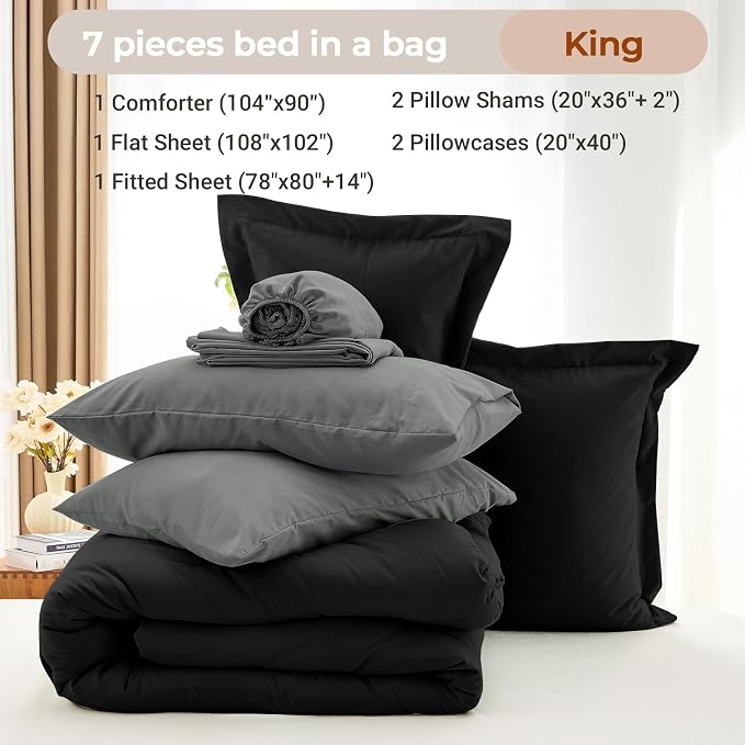 7 Pieces King Comforter Set, Soft Bed in a Bag King Size, All Season Bedding Set with Comforter, Flat Sheet, Fitted Sheet, Pillowcases & Shams, Black & Grey