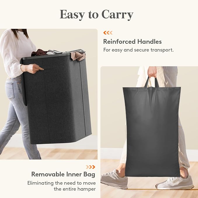 Lifewit 165L 3 Section Laundry Hamper with Lid, Laundry Basket, Dark Gray | Large Foldable Laundry Sorter with 3 Removable Bags, Tall Clothes Hamper for Bedroom and Bathroom