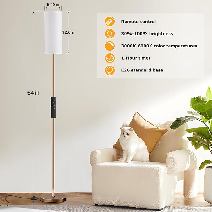 64'' Floor Lamps for Living Room with Remote Control and Stepless Dimmable Colors Temperature & Brightness, 9W Bulb Included(White Lampshade & Brown Pole)