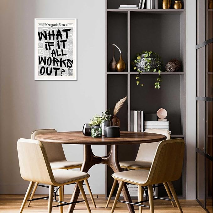 Drimiler Retro Black And White Newspaper Poster What If It All Works Out Canvas Wall Art Positive Affirming Quote Minimalist Prints Painting For Home Bedroom Dorm Wall Decor 12x18in Unframed