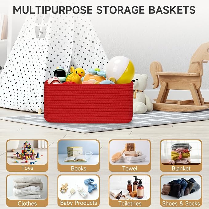 3 Pack Storage Baskets for Organizing, 13.7×9.5×6.3", Red | Woven Baskets for Shelves, Cotton Rope Basket for Gifts Empty, Closet Organizer Bins with Handles, Cube Decorative Box