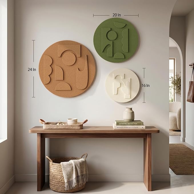 3D Textured Round Modern Abstract Boho Wall Art for Living Room, 3 Piece | Minimalist Bohemian Geometric Sculptures Artwork for Walls, White Terracotta Green Paintings, Bedroom Home Office Wall Decor