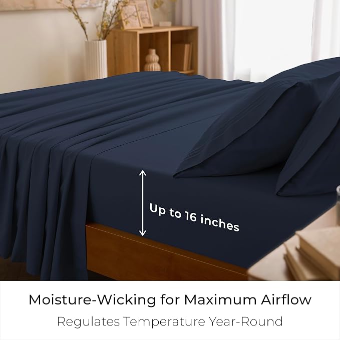 Mellanni Iconic 3-Piece, Ultra Soft Sheet Set (Twin, Navy Blue) | 10M+ Sleepers. Lab-tested: Sleeps Cool, Stays Bright, Strong, Smooth. Good Housekeeping Best Bedding, 7 yrs running.