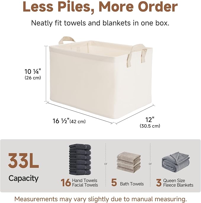 StorageWorks Fabric Storage Bins, Storage Basket for Shelves, Beige, 2-Pack | With PU Handles, Wrinkle-Resistant Cottlyn Fabric, Foldable, For Bedroom, Bathroom, Laundry, Holds Clothes, Towels, Blankets