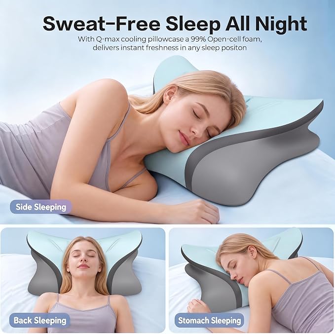 Pain Relief Cervical Neck Pillow, Ergonomic Contour | Q-Max Cooling | Non-Temperature Memory Foam | Side/Back/Stomach Sleeper Support for Sleeping, Reading, Scrolling (Blue & Dark Grey)