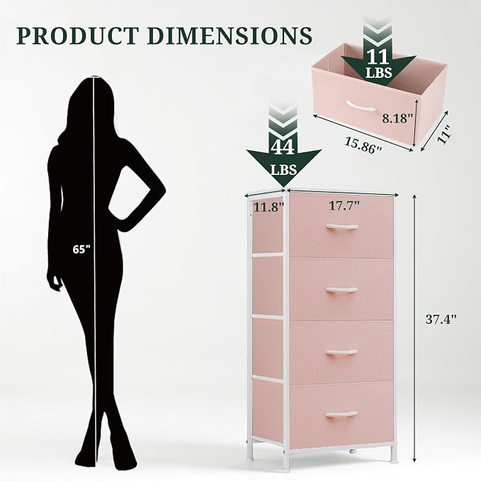 4 Drawers Dresser for Bedroom Fabric Storage Tower with Wooden Top | Steel Frame Tall Chest of Drawers for Closet, Entryway, Dorm, Pink