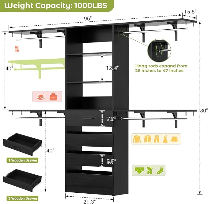 Aheaplus Closet System with 4 Drawers, 8FT Wood Closet Organizer System | 96" Closets Built In System Tower with Shelves & 4 Rods, Walk-in Closets Wardrobe Clothes Rack, Fits Spaces 4-9 ft, Black