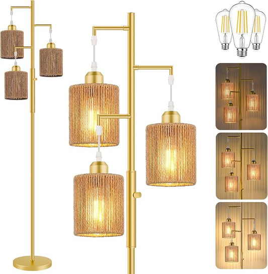 Hotsonic 72" Boho Rattan Tree Floor Lamp, Tall Dimmable Industrial Standing Lamp, Corner Decor Accent Lighting for Living Room, Bedroom, Dining Room, Nursery, Cafe (3 x 800LM Bulbs Included) - Gold