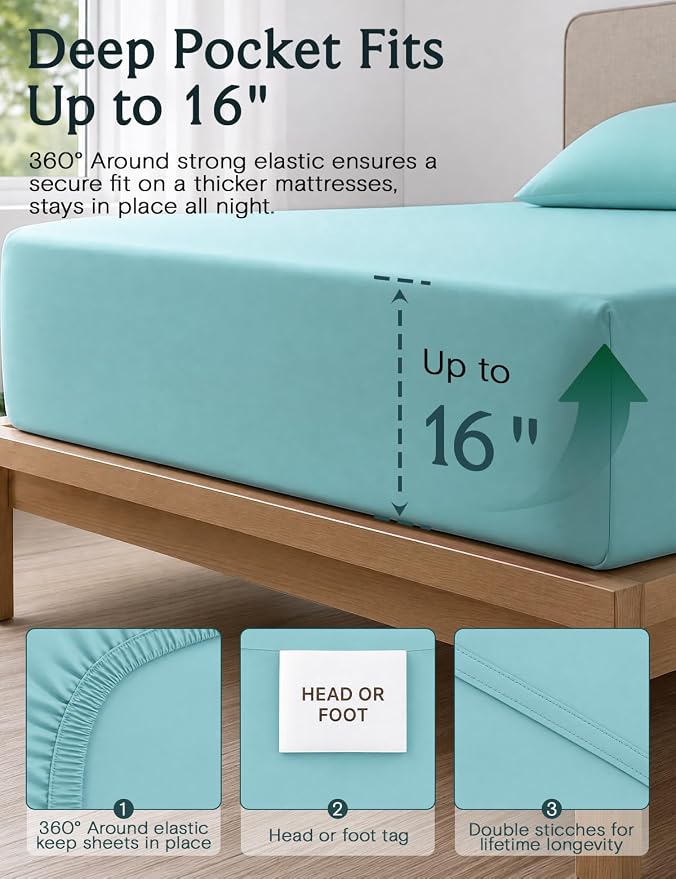 LuxClub King Size Sheets Set, Deep Pocket King Sheets Bed Sheets 4PC, Cooling Sheets King Sized Breathable, Soft Hotel Luxury Bedding Wrinkle Free, Silky Fitted Sheet & Pillowcase Sets, Aqua King | LuxClub Silky Fitted Sheet & Pillowcase Sets, Breathab...