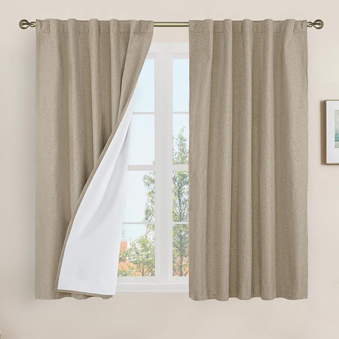 Natural 100% Blackout Linen Curtains 54 Inches 2 Panels, 42 x 54 Inch | Privacy Protected Bedroom Curtains, Thermal Insulated, Farmhouse Panels, Rod Pocket Back Tab, with White Liner, Taupe
