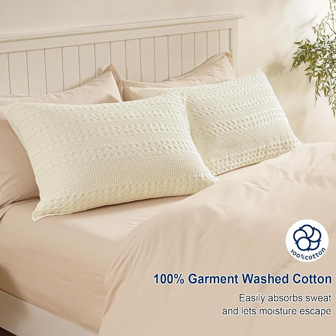 PHF Waffle Weave Pillow Shams Queen Size, 2 Pack 100% Cotton Pillowcases 20" x 30", No Insert, Soft & Breathable Aesthetic Woven Pillow Case Covers for Bedroom Decor, Canmoli Cream
