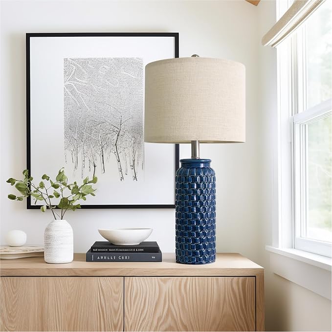 USumkky 24 inches Modern Ceramic Dark Blue Bedside Lamp Set of 2 for Bedroom Decor Farmhouse Table Lamp for Living Room Office Dorm