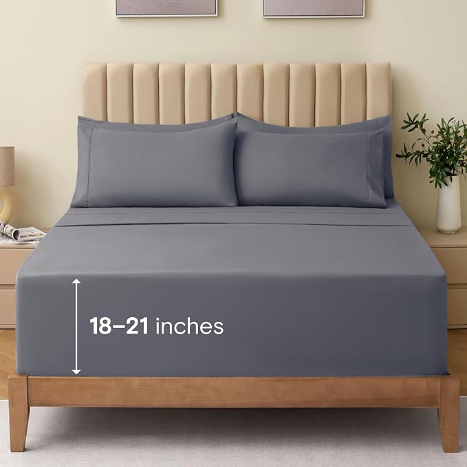 LuxClub 4 PC California King Size Sheet Set Bed Sheets Deep Pockets 18" Wrinkle Free Cooling Sheets Machine Washable Hotel Bedding Silky Soft - Light Grey California King | LuxClub Silky Fitted Sheet & Pillowcase Sets, Breathable Comfortable Hotel Luxu...