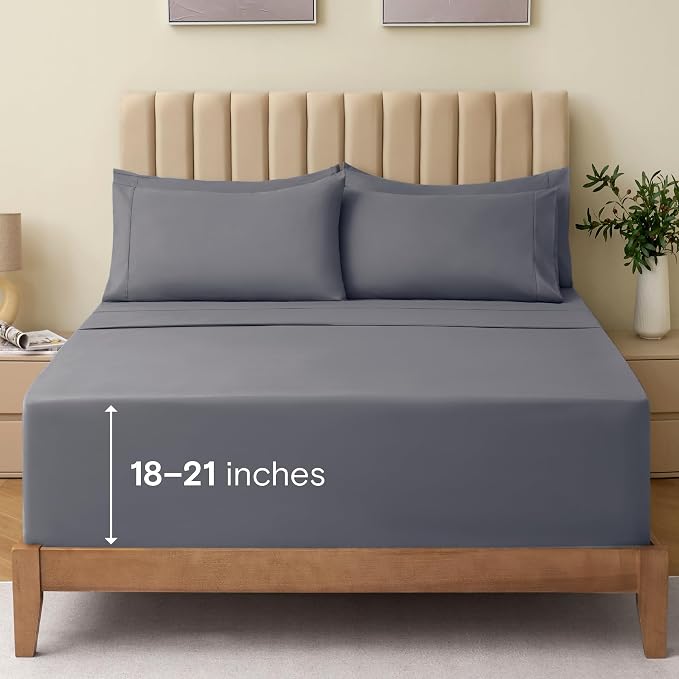 LuxClub 4 PC King Size Sheet Set Bed Sheets Deep Pockets 18" Wrinkle Free Cooling Bed Sheets Machine Washable Hotel Bedding Silky Soft - Light Grey King | LuxClub Silky Fitted Sheet & Pillowcase Sets, Breathable Comfortable Hotel Luxury Bedding Wrinkle...