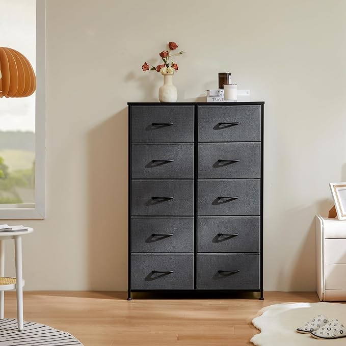 DUMOS 10 Drawer Dresser for Bedroom, Storage Organizer Chest of Drawers | Wide Fabric Closet Organizer Tower Furniture with Wooden Top Metal Frame, Dorm, Grey