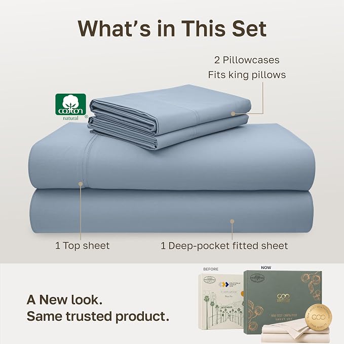 California Design Den 600 Thread Count Cotton King Size Sheets Set, Blue | 100% Cotton Sateen Backed by Good Housekeeping Seal, Soft & Smooth, 16" Deep Pocket, All-Around Elastic, Durable, Easy Care